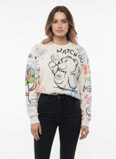 MNS WOMEN Doodle Graphic Sweatshirt Cream Multicolor Print - Smgarment's